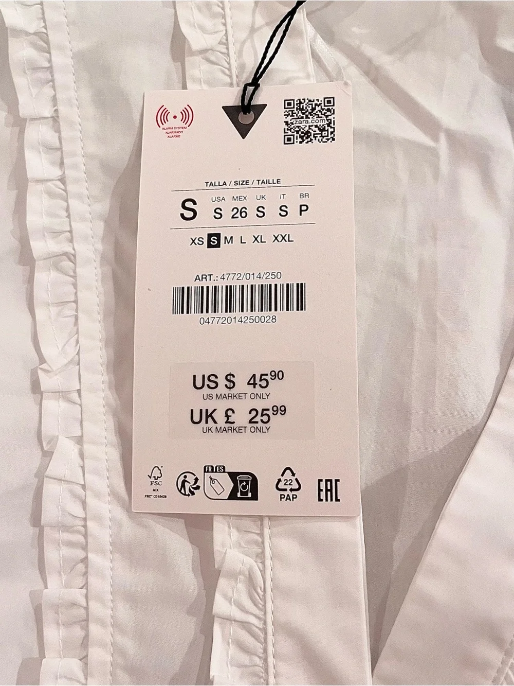 🆕- ZARA White Cotton Ruffle Front Fitted Top. Size: small